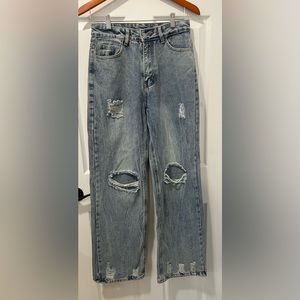 Shein Women Medium High Rise Light Wash Denim Baggy Jeans Grunge Pockets